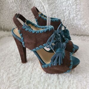 Paco Gil Brown‎ Suede Leather with Tassel detail Platform Heeled Sandals sz 7.5